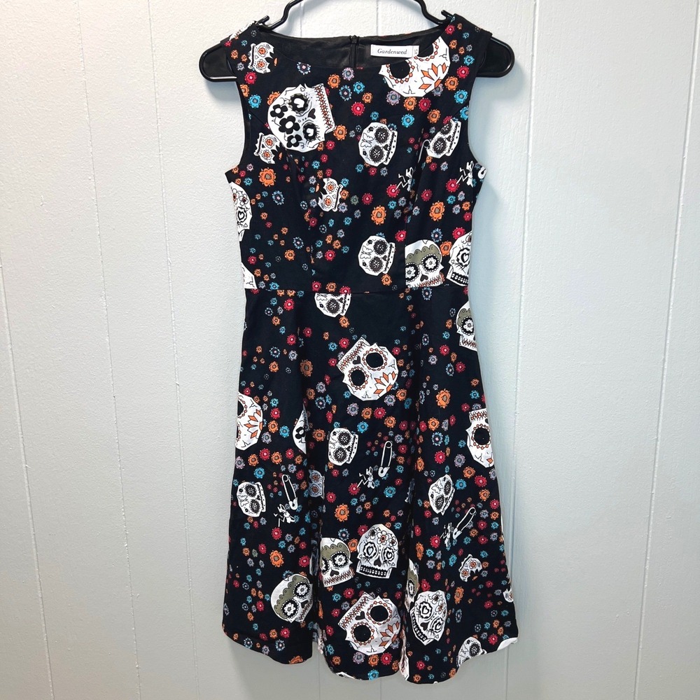 Womens Sugar Skull Day Of The Dead‎ Dress Size XS Black Pin Up Rockabilly Retro